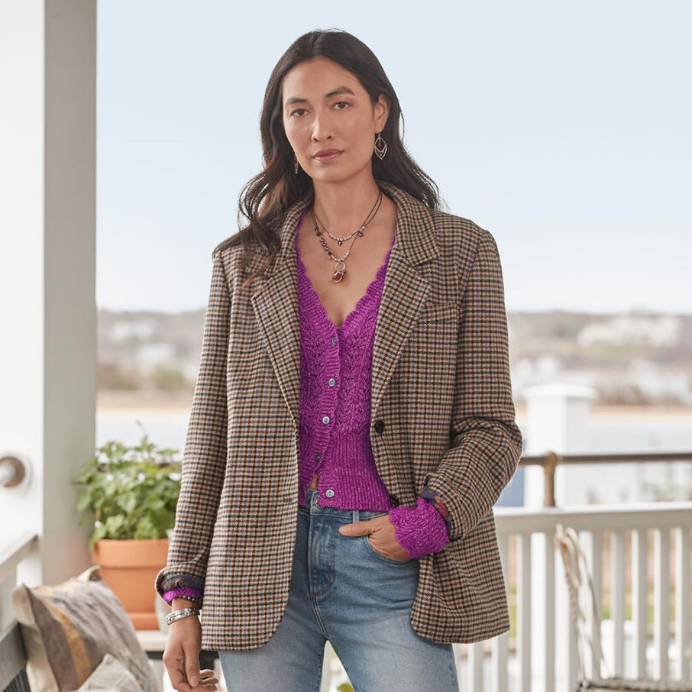 Sundance Brown Plaid Blazer with Purple Cardigan Accent
